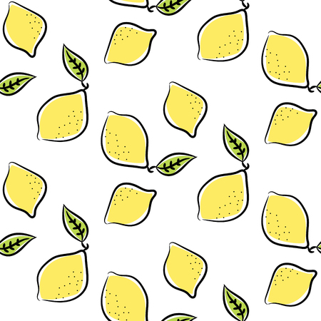 Lemon line colored doodle vector seamless pattern. Fruit outline citrus isolated on white background.のイラスト素材