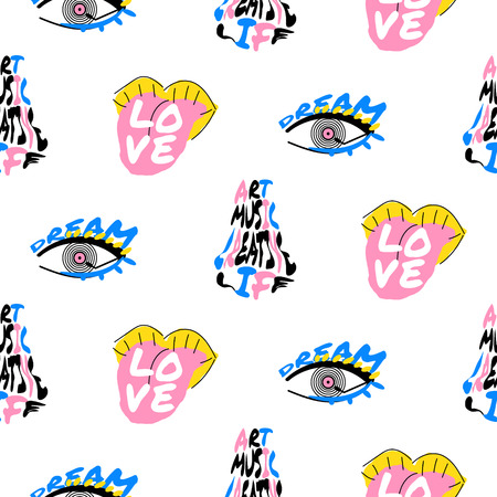 Pop art fun seamless funky pattern with lettering design.のイラスト素材