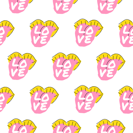 Bright lips seamless pattern with love word design.のイラスト素材