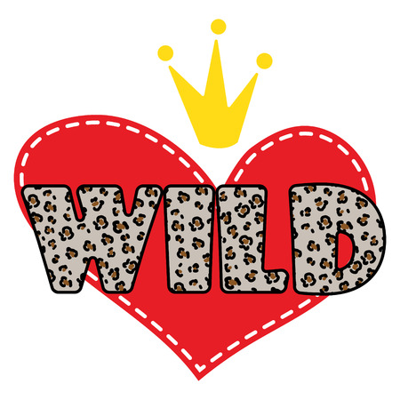 Wild heart shirt design symbol vector. Leopard texture and red heart with crown.のイラスト素材