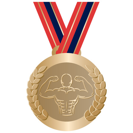 Gym sport gold medal. Bodybuilding championship award vector isolated. Weightlifting reward symbol.のイラスト素材