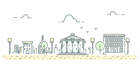 Line style urban road and buildings on empty street vector illustration horizontal website banner.のイラスト素材