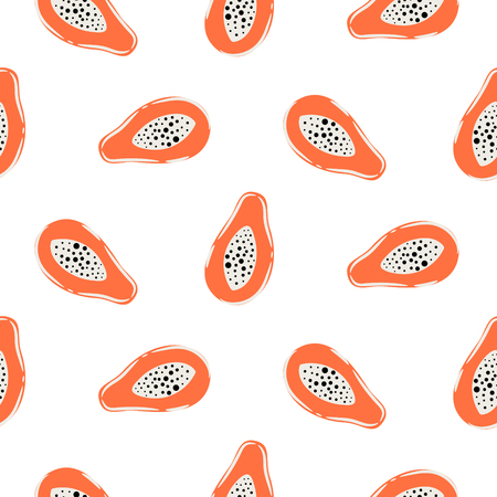 Papaya seamless vector pattern texture. Hand drawn exotic fruit orange and white repeat background.のイラスト素材