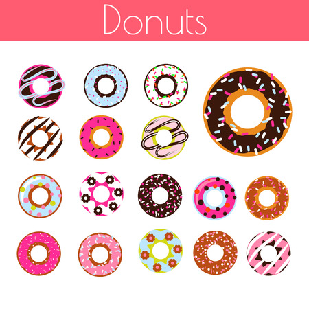 Glazed donuts with coconut shavings and chocolate vector cartoon icon set. Sweet dessert doughnuts.のイラスト素材