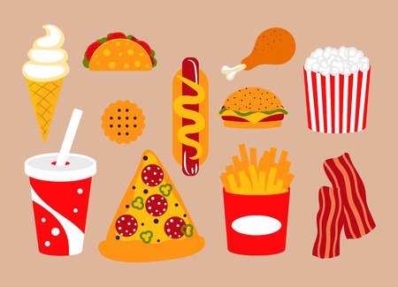 Fast food vector clip art set with pizza, burger, soda and bacon. Street junk food cartoon icons.のイラスト素材