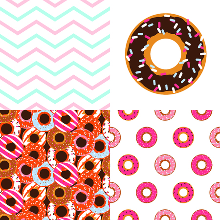 Glazed donuts patterns set. Cute sweet doughnuts background blue and pink on white.のイラスト素材