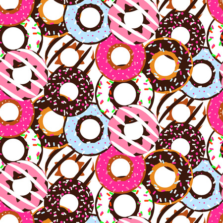 Seamless pattern with glazed donuts. Dessert sweet doughnuts dense overlapped background blue and pink on white.のイラスト素材