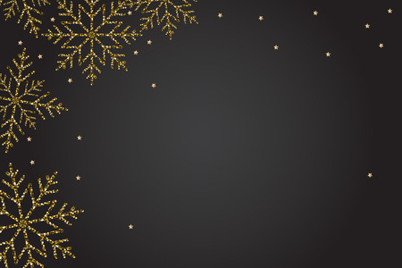 New year black banner background with gold snowflakes. Festive glitter snow flakes decor.のイラスト素材