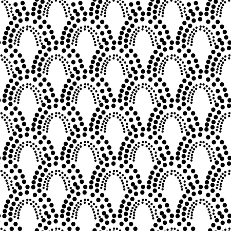 Abstract dotted fish scale geometric seamless vector pattern. Black and white art deco arch texture in hand drawn style.のイラスト素材