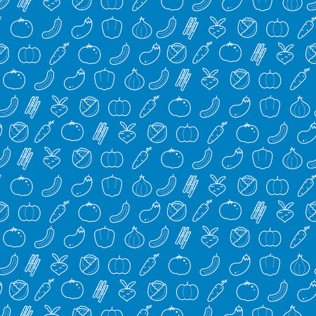 Vegetable icon seamless vector pattern. Outline icons food blue packaging background.のイラスト素材