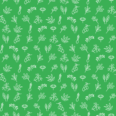 Seasoning icons seamless green vector pattern. Simple line style herbs packaging background.のイラスト素材