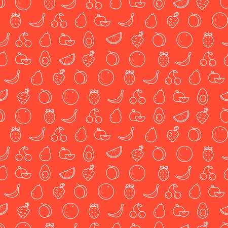 Fruits line icons red seamless vector pattern. Food outline repeat wrap packaging texture.のイラスト素材