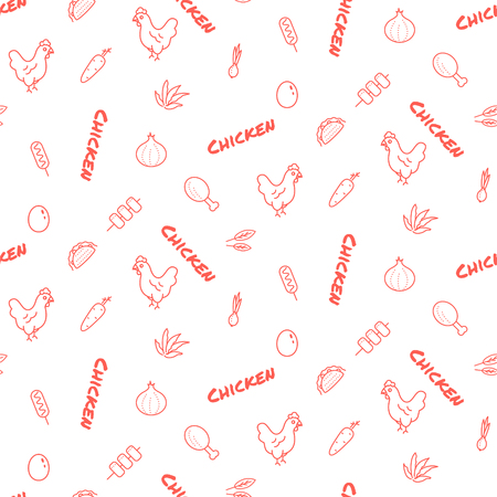 Chicken farm vector seamless pattern print red icons texture. Cute hens poultry packaging product design.のイラスト素材