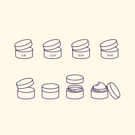 Cosmetic cream bottles symbols icon set. Vector beauty bottles best before for packaging instructions.のイラスト素材