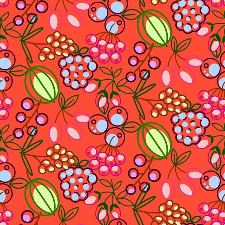 Berries seamless vector pattern. Food outline berry icons repeat wrap bright red texture.のイラスト素材