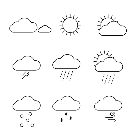 Weather icons set vector. Outline clouds, sun, snow, wind and rain symbols. Web and mobile elements icons.のイラスト素材