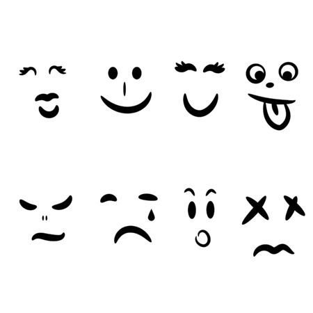 Emoticon hand drawn face emotions expression. Silhouette facial abstract emoticons icon set vector.のイラスト素材