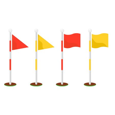 Golf flagsticks set vector cartoon icon symbols. Golf game red and yellow flagstick and hole.のイラスト素材