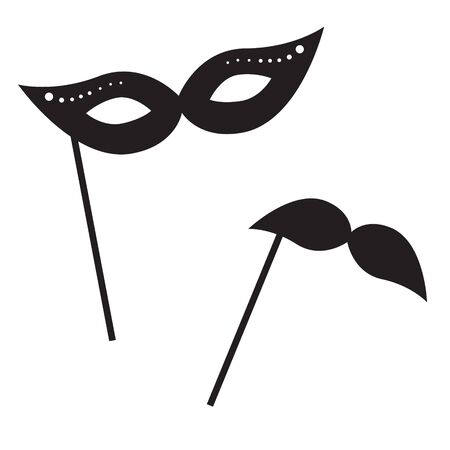 Retro mustache and mask vector icon props. Black silhouettes face costume for photo.のイラスト素材
