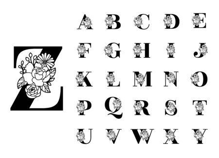 Floral alphabet cut out black letters. Flower bouquet silhouette abc font vector.のイラスト素材