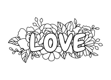 Line style floral love word bouquet borders vector flowers. Doodle flowers for cutting and engraving.のイラスト素材