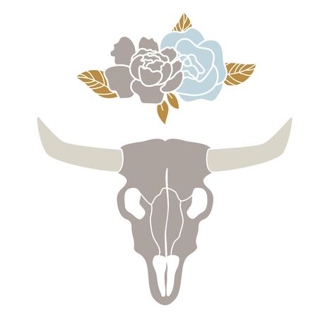 Cow skull with peonies bouquet. Bohemian design vector for stickers and cutout files. Boho skull flowers cartoon flat style.のイラスト素材