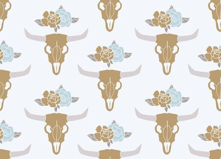 Cow skull with peonies bouquet. Bohemian design vector for stickers and cutout files. Boho skull flowers cartoon flat style.のイラスト素材