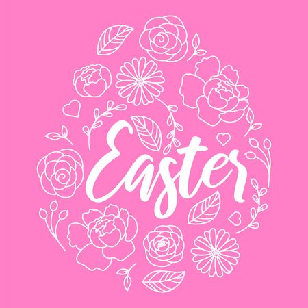 Easter egg floral outline style card design. Happy Easter concept. Pink color background.のイラスト素材