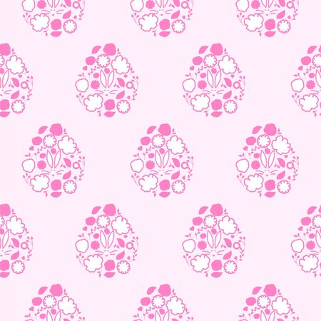Easter egg floral cartoon style card design. Happy Easter seamless pattern pink background vector with flowers and bunny silhouette.のイラスト素材