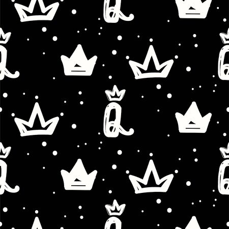 Black and white queen crown seamless pattern with royal Q symbol and paint dots. Music and apparel woman style texture.のイラスト素材
