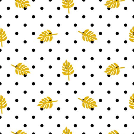 Polka dot pattern with palm leaves vector. Black and white simple leaf seamless background.のイラスト素材