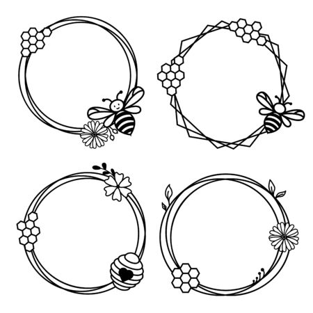 Floral frame with honey bee and honeycombs. Cute bee wreath circle frame border vector.のイラスト素材