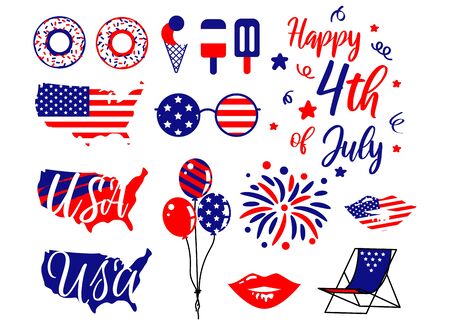 American Independence Day 4th July holiday clipart vector. Patriotic bundle items red and blue.のイラスト素材