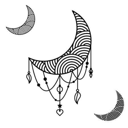 Moon crescent decorative silhouette design with swirls and pendants. Cutout moon arabic style for cards and stencils.のイラスト素材