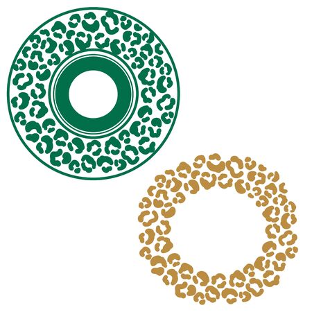 Leopard stains round frame ornament. Green and gold cheetah spots circle border vector.のイラスト素材