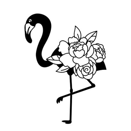 Cut out flamingo with floral bouquet silhouette vector. Exotic bird card decor template.のイラスト素材