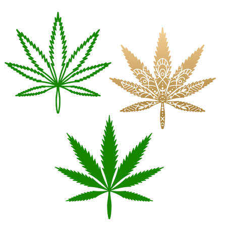 Cannabis leaf, marijuana plant silhouette and mandala decorated isolated on white background.のイラスト素材