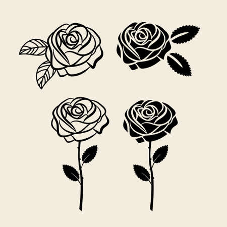 Black rose silhouette single flower composition for card decor. Rose bud with leaf template for cutting.のイラスト素材