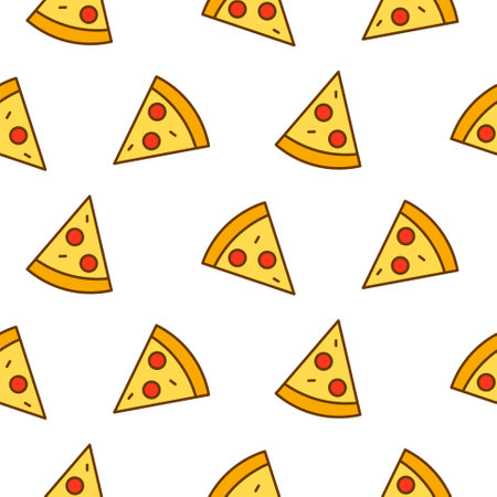 Pizza slices illustrations icons pattern. Street food pizzeria wallpaper vector pattern.のイラスト素材
