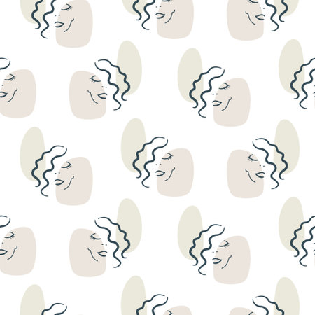Woman face outline beauty vector pattern illustration. Beige neutral background.のイラスト素材