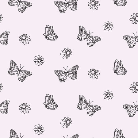Butterfly and daisy floral outline monochrome seamless pattern background vector.のイラスト素材