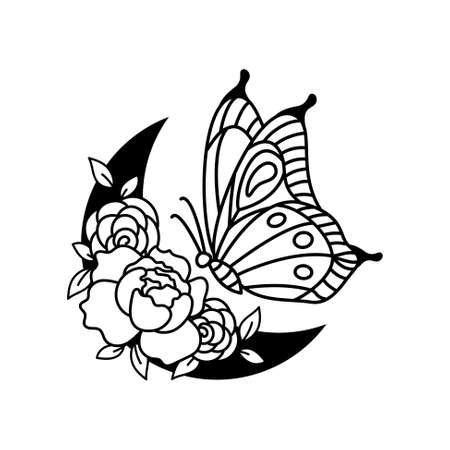 Floral moon and butterfly boho vector outline illustration. Peonies flower and crescentのイラスト素材