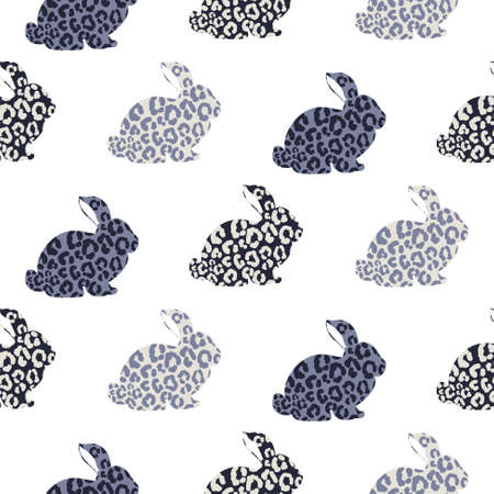 Bunny cheetah print blue silhouette Easter seamless pattern t shirt illustration. Leopard print rabbit backgroundのイラスト素材