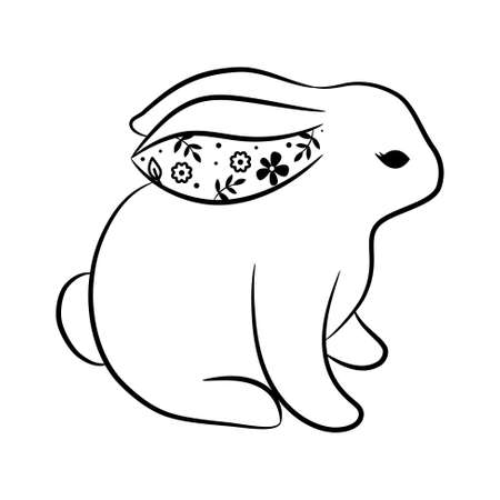 Cute rabbit outline style design with floral ears. Bunny tee print design.のイラスト素材