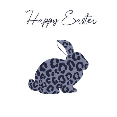 Bunny cheetah print blue silhouette Easter card t shirt illustration. Leopard print rabbit.のイラスト素材