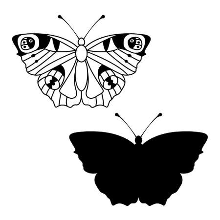 Butterfly peacock outline and silhouette on a white background vectorのイラスト素材