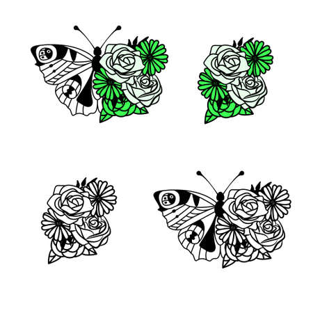 Butterfly peacock outline and flowers decoration isolated on a white background.のイラスト素材