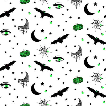 Halloween icons seamless pattern background vector with witchy hat, bats, pumpkins and spider netのイラスト素材