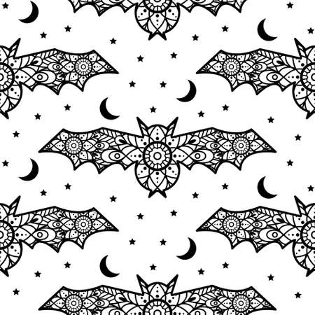 Halloween bats decoration seamless pattern. Lace ornament bat with moon and stars decorのイラスト素材