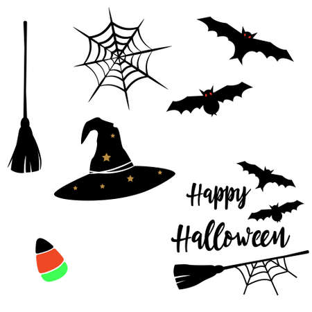 Happy Halloween clipart decor elements for stickers and cards designs. Bats, broom, hat and spider net.のイラスト素材